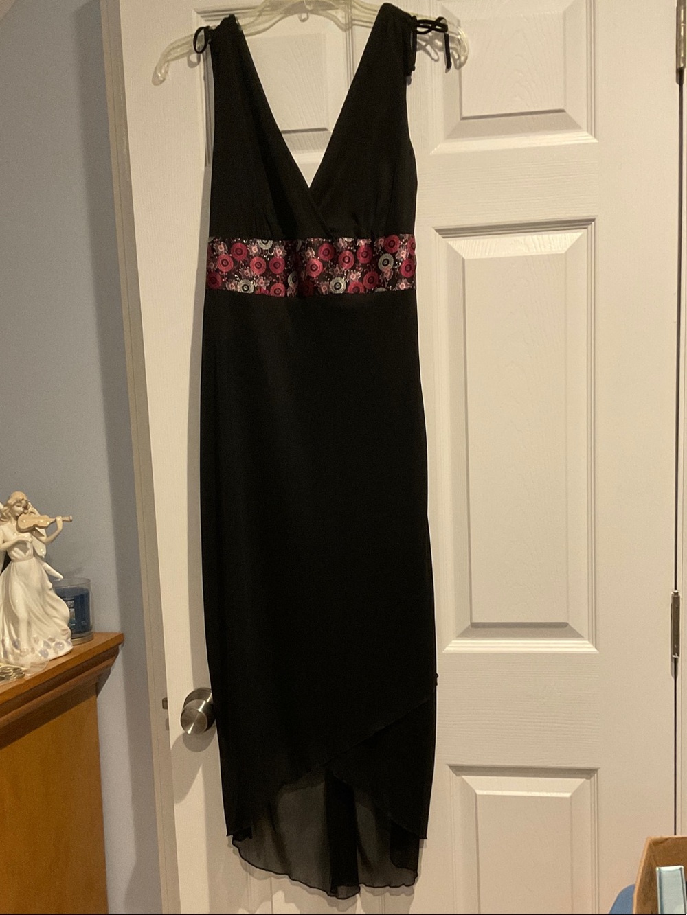 Ruby Rox Black High-Low V-Neck Dress with Pink Floral Waistband